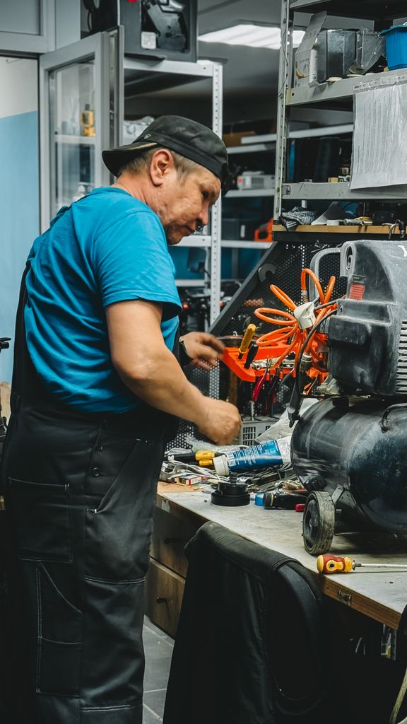 A dedicated mechanic repairing machinery in an auto workshop environment.